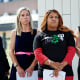 Amanda Zurawski, who developed sepsis and nearly died after being refused an abortion when her water broke at 18 weeks, left, and Samantha Casiano, who was forced to carry a nonviable pregnancy to term and give birth to a baby who died four hours after birth, center, stand with their attorney Molly Duane outside the Travis County Courthouse on July 19, 2023, in Austin, Texas. 